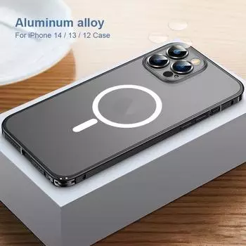 Металлический каркас из алюминиевого сплава, матовый полупрозрачный чехол для ПК для iPhone 14 13 12 Pro Max с магнитным кольцом, поддержка беспроводного зарядного устройства For iPhone 12 чёрный