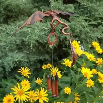 Металлический колокольчик с изображением летящего дракона с 3 трубками, натуральная успокаивающая мелодия для сада, патио, уличного винтажного подвесного колокольчика с драконом, украшение коричневый