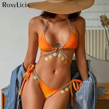 Металлический корпус со стразами, бикини, женский купальник, женский купальник, комплект из двух частей, комплект бикини, купальный костюм для плавания S синий