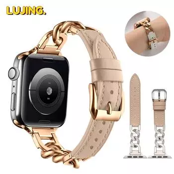 Металлический кожаный ремешок для Apple Watch Band 45 мм, 44 мм, 42 мм, 41 мм, 40 мм, 49 мм, 38 мм для Iwatch Ultra2 9, 8, 7, 6, 5, 4 SE, сменный браслет For 38mm 40mm 41mm чёрный