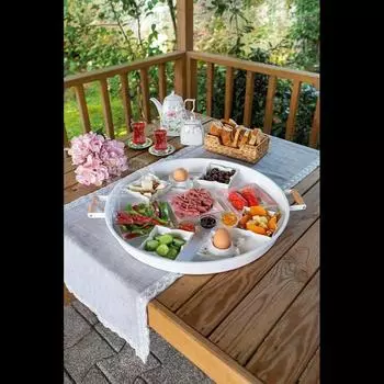 Металлический круглый поднос с белой деревянной ручкой 51 см, поднос для завтрака, поднос для презентаций