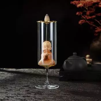 Металлический лотосный держатель для благовоний, стеклянная курильница для благовоний с конусами и маленьким монахом для медитации и йоги