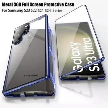 360 Металлический Магнитный Адсорбционный Чехол для Samsung Galaxy S25 S24 S23 FE S22 S21 Ultra Plus Полная Защита Объектива Двусторонний Стеклянный Чехол Для Телефона For Samsung S23 Ultra чёрный