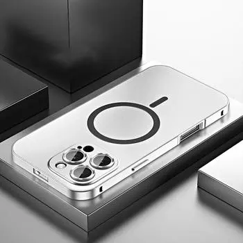 Металлический магнитный матовый чехол для iPhone 12 13 14 15 16 Pro Max 14Plus для Magsafe Cover Lens Alloy Film Aluminium Frame Wireless Charger For iPhone 12 Pro Max серебряный