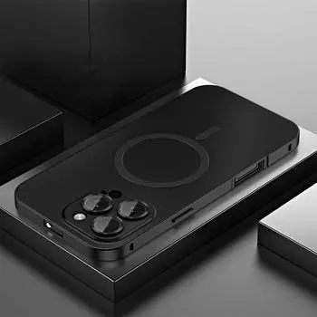 Металлический магнитный матовый чехол для iPhone 12 13 14 15 16 Pro Max 14Plus для Magsafe Cover Lens Alloy Film Aluminium Frame Wireless Charger For iPhone 12 чёрный