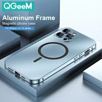 Металлический магнитный матовый чехол для iPhone 12 13 14 15 16 Pro Max 14Plus для Magsafe Cover Lens Alloy Film Aluminium Frame Wireless Charger For iPhone 12 чёрный