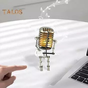 Металлический микрофон робот ночник винтажный держащий гитару рок микрофон робот светодиодный настольный светильник настольное украшение орнамент подарок любителю музыки жёлтый