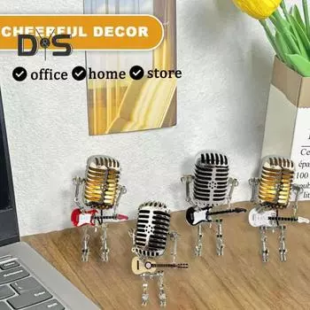 Металлический микрофон робот ночник винтажный держащий гитару рок микрофон робот светодиодный настольный светильник настольное украшение орнамент подарок любителю музыки чёрный
