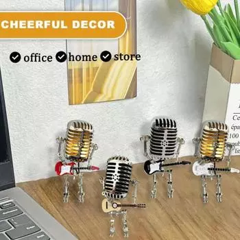 Металлический микрофон робот ночник винтажный держащий гитару рок микрофон робот светодиодный настольный светильник настольное украшение орнамент подарок любителю музыки жёлтый