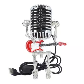 Металлический микрофонный робот, держащий гитару, ретро-панк-стиль, винтажный микрофонный робот со светом для бара в спальне красный