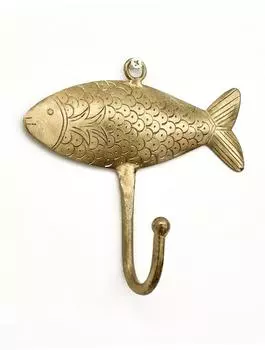Металлический настенный крючок в форме рыбки с гравировкой, Латунь, Iron Fish Hook Hanger Brass, John Molly Decor&Gifts