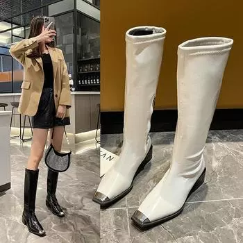 Металлический носок с шипами на каблуках, длинные сапоги, женские кожаные сапоги с плетеным носком, черные сапоги до колена, женская трендовая обувь в уличном стиле с пряжкой на ремне 35 белый
