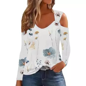 Металлический обруч на шею большого размера с V-образным вырезом в цветочную полоску и принтом Свободный повседневный пуловер с длинными рукавами S синий/белый