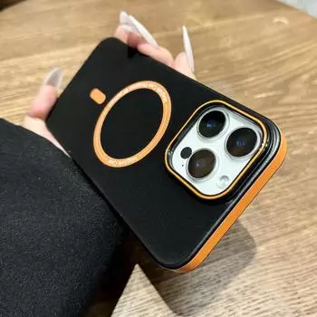 Металлический однотонный кожаный магнитный чехол для iPhone 16 Pro 15 Pro Max 14 13 12 для MagSafe матовый противоударный защитный мягкий чехол для телефона iPhone 16 чёрный