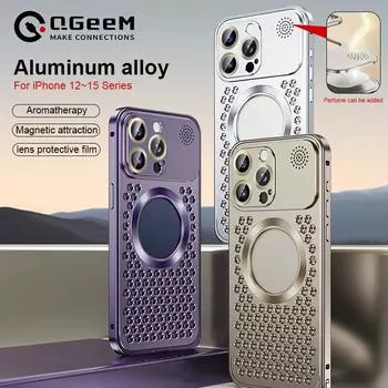 Металлический охлаждающий чехол для телефона с ароматерапией для iPhone 12 13 14 15 Pro Max Plus, защитный чехол для объектива, полый магнитный чехол с беспроводной зарядкой iPhone 12 чёрный