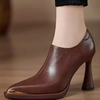 Металлический острый носок, туфли-лодочки на шпильке, осенняя новинка, глубокий вырез, боковая молния, противоскользящие, износостойкие, высокий каблук 35 коричневый