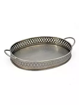 Металлический овальный поднос с резным бортом с ручками большой, Никель, Iron Oval Tray Cut Work, John Molly Decor&Gifts