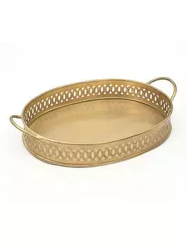 Металлический овальный поднос с резным бортом с ручками большой, Латунь, Iron Oval Tray Cut Work, John Molly Decor&Gifts