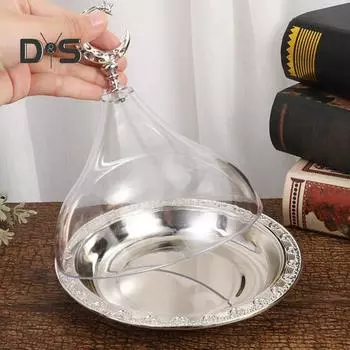 Металлический поднос с прозрачной куполообразной крышкой для Рамадана, мини-поднос для торта, конфет, многоразовый поднос для десертов, орехов, конфет, органайзер для хранения продуктов для вечеринок и праздников серебряный