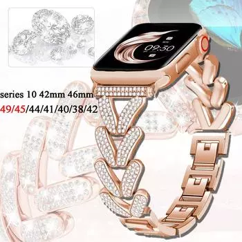 Металлический ремешок Bling для Apple Watch Bands 49 мм 46 мм 42 мм 45 мм 41 мм 44 мм 40 мм 38 мм женский ремешок из нержавеющей стали с бриллиантами для Ultra Series 10 9 8 7 6 5 4 42(S10)-38 40 41mm серебряный