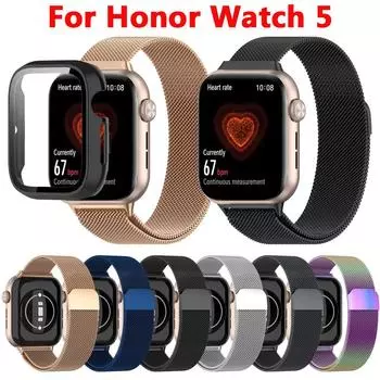 Металлический ремешок + защитный чехол для ПК для смарт-часов Honor Watch 5 Миланский магнитный ремешок из нержавеющей стали для Honor Watch5 Honor Watch 5 чистый/серебряный