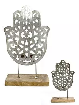 Металлический резной подсвечник на 2 свечи на подставке, Никель, Iron Cutwork Hamsa T-light With Wdn Stand Nickel, John Molly Decor&Gifts