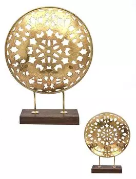 Металлический резной подсвечник на 3 свечи на деревянной подставке, Латунь, Iron Decorative 3 T-light Stand, John Molly Decor&Gifts