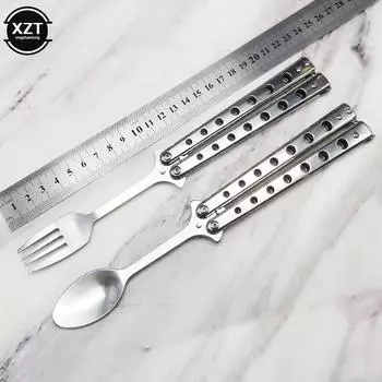 Металлический складной нож-бабочка, тренировочная ложка-вилка для игры в балисонг, нож-бабочка, тренажер для безопасной игры, походная посуда