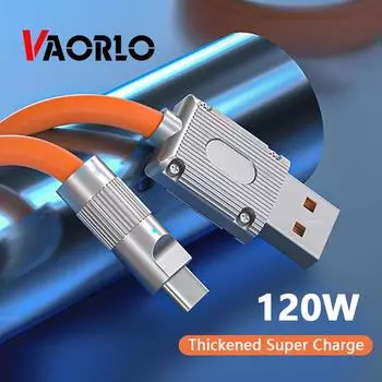 Металлический USB-кабель для зарядки VAORLO, кабель для быстрой зарядки, передачи данных для освещения Micro Type-C, силиконовый, 120 Вт, быстрая зарядка с органайзером для кабеля Type-C оранжевый
