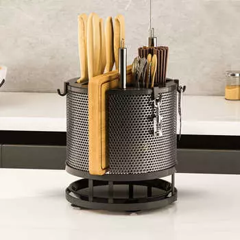 Металлический вращающийся держатель для ножей с поддоном для сушки, многофункциональный держатель для разделочной доски для ножей-палочек с 4 съемными крючками для столешницы