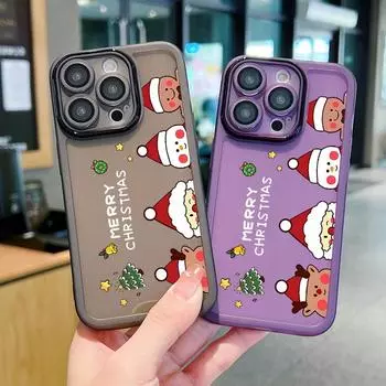 Металлический защитный чехол для линз из стекла для iPhone 16 Pro 15 14 Plus 13 12 Pro Max 11 с рисунком в виде рождественского мультфильма, противоударный, мягкий, прозрачный, тонкий силиконовый чехол iPhone 16 чёрный