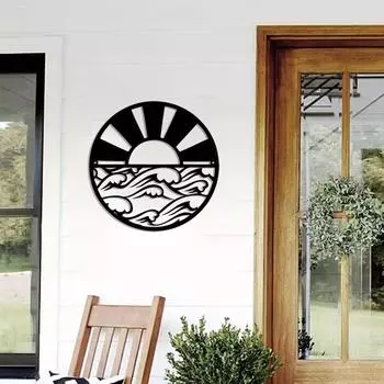 Металлический знак «Восход солнца» Солнце и волны Настенное искусство Стильный декор для пляжной комнаты Элегантное настенное искусство и украшение Идеально подходит для прибрежной тематики чёрный