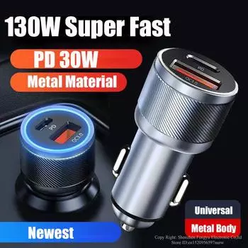 Металлическое автомобильное зарядное устройство 100 Вт, адаптер для сверхбыстрой зарядки Pd 30 Вт, Usb C с дисплеем для Iphone 14 13 Pro Max 12 11 Xiaomi Samsung Oppo Car Charger