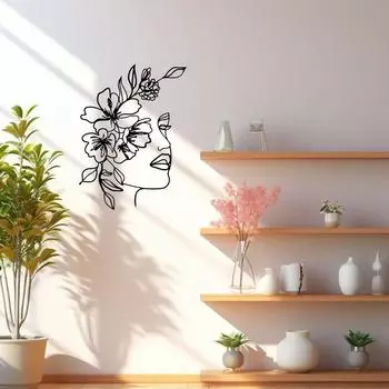 Металлическое художественное украшение на стену - Абстрактное женское лицо и цветочное настенное искусство | Минималистский металлический подвесной декор для современных интерьеров чёрный