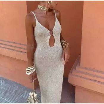 Металлическое кольцо, длинное ажурное без рукавов, открытая спина, женское платье, трикотажное летнее женское праздничное платье S оранжевый