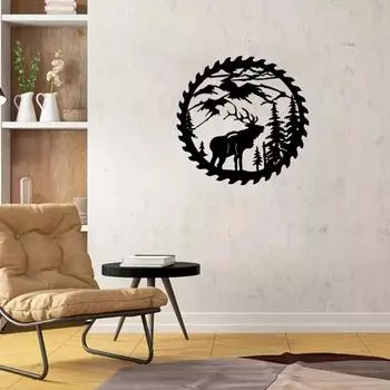 Металлическое настенное искусство - Олень в лесу с соснами - Подвесной декор для гостиной, спальни, горного домика, хижины, леса светло-серый