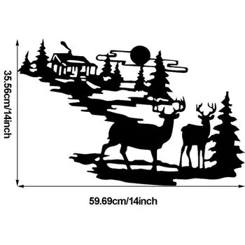 Металлическое настенное искусство в стиле олень и лесная хижина – настенный декор в деревенском стиле с изображением оленя из железа, настенные украшения из железа ручной работы, произведения искусства и наклейки для дома чёрный