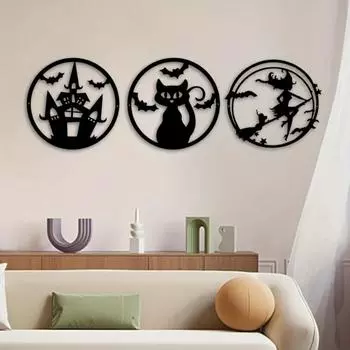 Металлическое настенное украшение - подвеска без рамки с рисунком ведьмы, кошки, летучей мыши и замка на Хэллоуин | Креативный настенный декор из железа светло-серый
