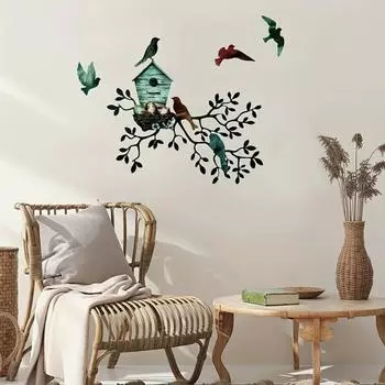 Металлическое подвесное дерево с вольером - наружное настенное искусство и подвесное украшение в виде птицы для гостиной, уникальное подвесное настенное искусство светло-серый