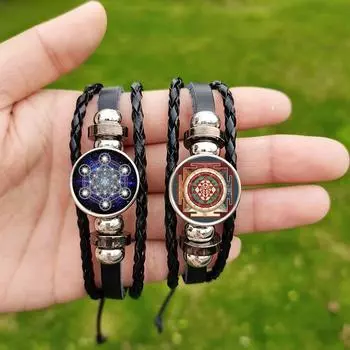 Метатрон Куб Духовный Браслет Сакральная Геометрия Шри Янтра Жизнь Цветок Очарование Чакра Кожаные Браслеты Браслет Ювелирные Изделия