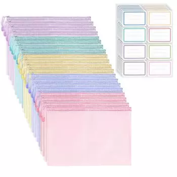 METBOU Набор из 20 папок-регистраторов на молнии формата А4, 5 цветов, папки-регистраторы с наклейками-этикетками, сетчатые сумки, контактные папки на молнии, водонепроницаемые папки формата А4, папки-регистраторы для чеков