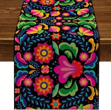 Mexican Colorful Floral Dia De Los Muertos Serape Fiesta Linen Table Runners Mexico Day of The Dead Kitchen Dining Table Decor 150x33cm 59x13inch