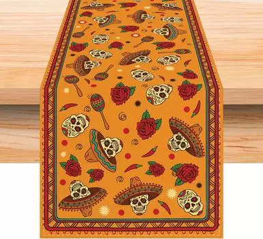 Mexican Day of The Dead Linen Table Runners Dresser Scarf Mexico Fiesta Sugar Skull Table Runner Dia De Los Muertos Party Decor 150x33cm 59x13inch