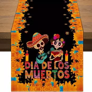 Mexican Day of The Dead Linen Table Runners Mexico Dia De Los Muertos Sugar Skull Table Runner for Home Party Dining Table Decor 150x33cm 59x13inch