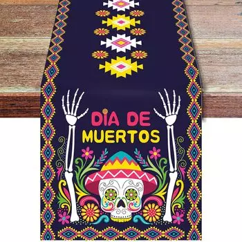 Mexican Day of The Dead Linen Table Runner Dia De Los Muertos Sugar Skull Table Runner Festival Party Kitchen Dining Table Decor 150x33cm 59x13inch