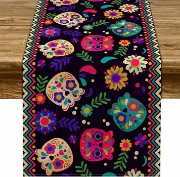 Mexican Day of The Dead Linen Table Runners Dia De Los Muertos Sugar Skull Table Runner Mexico Holiday Party Kitchen Table Decor 150x33cm 59x13inch