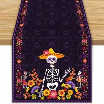 Mexican Day of The Dead Purple Linen Table Runner Party Decor Dia De Los Muertos Sugar Skull Table Runners Halloween Decorations 150x33cm 59x13inch