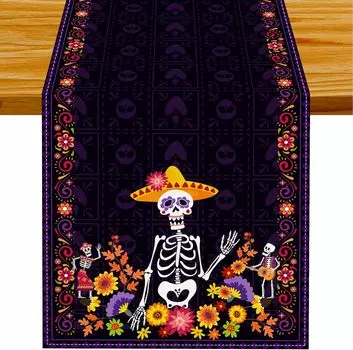 Mexican Day of The Dead Sugar Skull Linen Table Runners Fiesta Party Decor Dia De Los Muertos Table Runner Halloween Decorations 150x33cm 59x13inch
