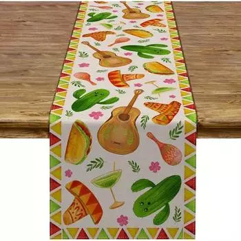 Mexican Fiesta Cactus Sombrero Taco Linen Table Runners Day of The Dead Themed Table Runner Holiday Kitchen Dining Table Decor 150x33cm 59x13inch