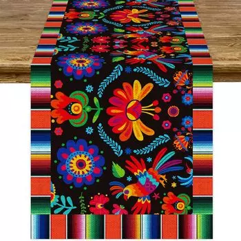 Mexican Fiesta Linen Table Runner Cinco De Mayo Dia De Los Muertos Table Runner Farmhouse Rustic Kitchen Dining Home Table Decor 150x33cm 59x13inch